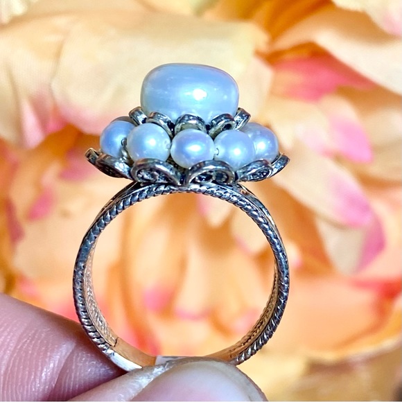 Vintage Estate Pearl Flower Cluster Ring ~ 925 Sterling Silver Antique Scroll - Picture 7 of 15